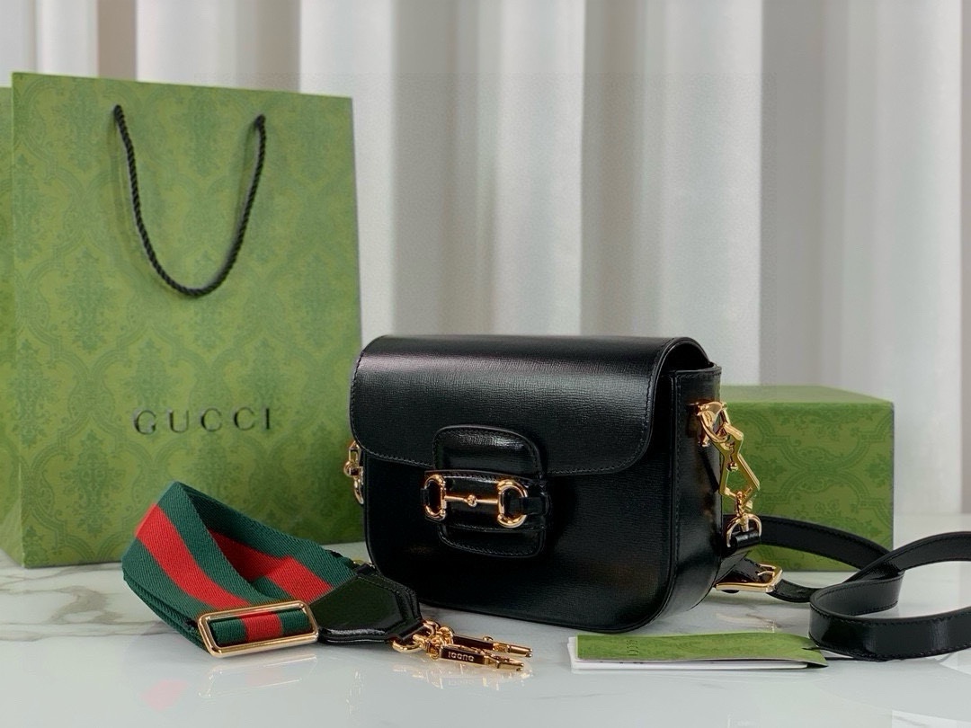 Gucci Horsebit 1955 Series Saddle Bag Mini Handbag Black Leather